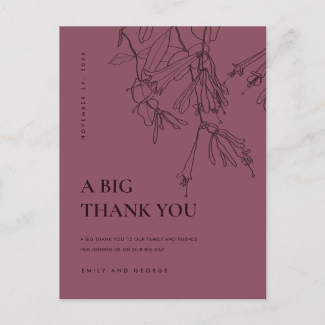 POSTAL DE ANUNCIOS LÍNEA DE BORGOÑA DIBUJO FLORAL AGRADECIMIENTO DE B (Anverso)