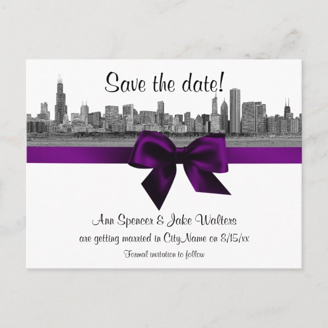 Postal De Anuncios Línea Skyline de Chicago Comida BW Purple Save the (Anverso)