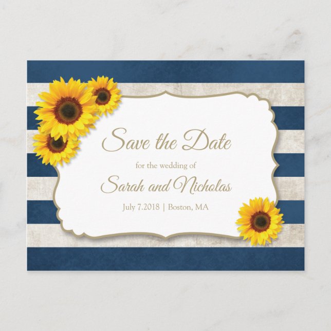Postal De Anuncios Líneas de Girasoles Salva la Fecha, Boda Azul Mari (Anverso)