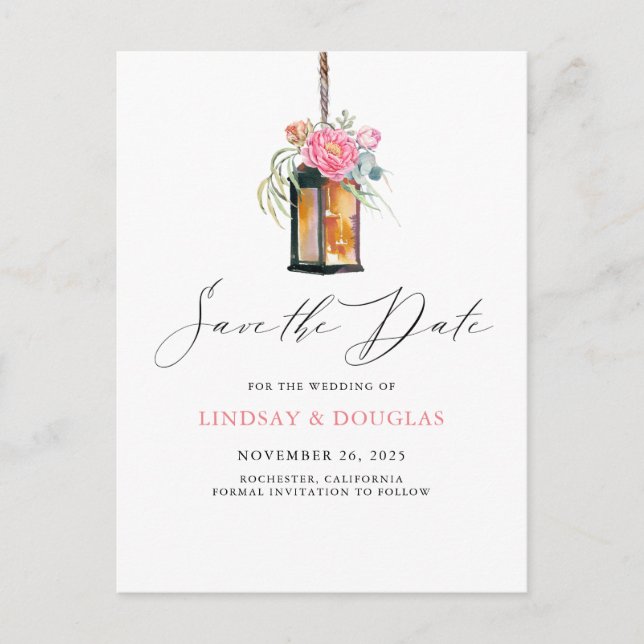 Postal De Anuncios Linterna floral moderna jardín salvar la fecha (Anverso)