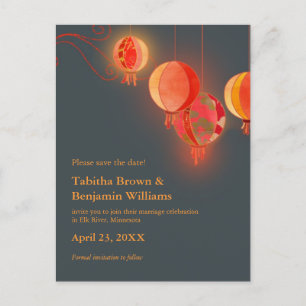 Postal De Anuncios Linternas Rojas Carbón Gris Boda Guardar la Fecha
