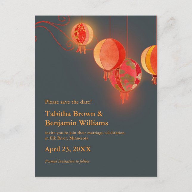 Postal De Anuncios Linternas Rojas Carbón Gris Boda Guardar la Fecha (Anverso)