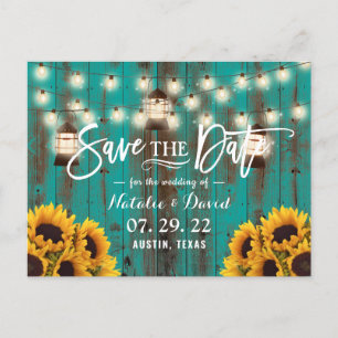 Postal De Anuncios Linternas Rústicas y Girasoles Teal Save the Date