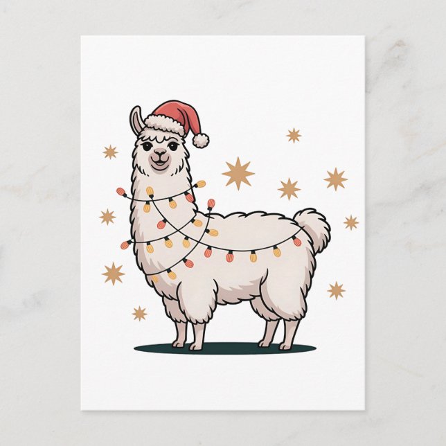 Postal De Anuncios Llama Alpaca With Santa Hat And Christmas Light (Anverso)