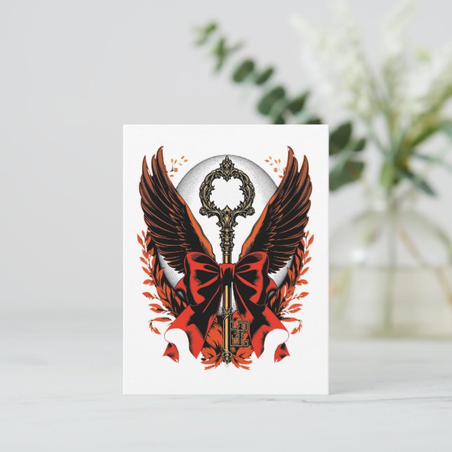 Postal De Anuncios Llave de arco de terciopelo gótico con alas y luna (Anverso de pie)