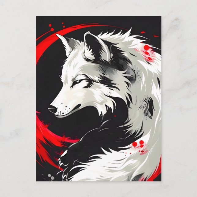 Postal De Anuncios Lobo Blanco Rojo Lunar (Anverso)