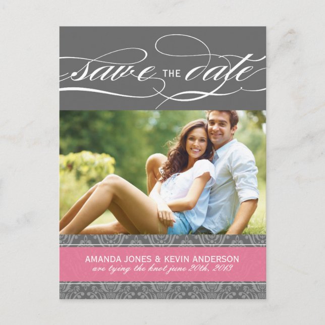 Postal De Anuncios Lolly Pink and Gray Damask Save the Date (Anverso)