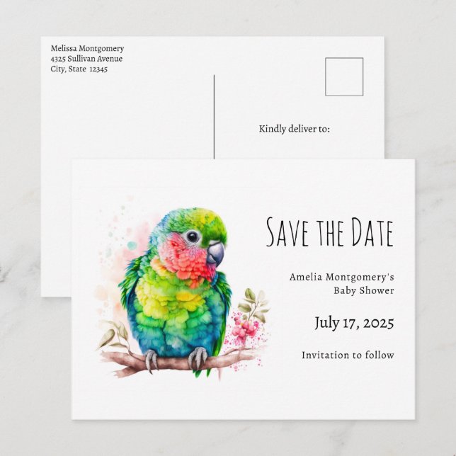 Postal De Anuncios Loro Verde - Cute Cría de Pájaro Baby Shower (Anverso / Reverso)