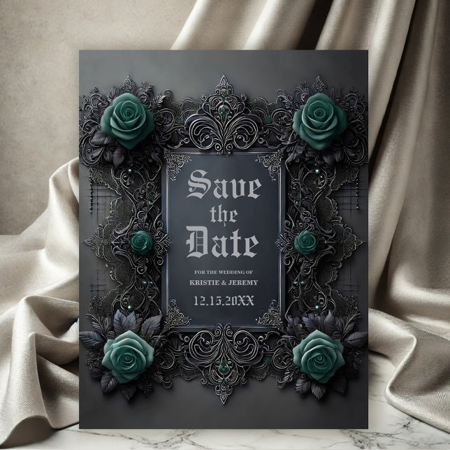 Postal De Anuncios Los góticos Rosas azules Verde azulados en gris sa (Gothic Teal Roses on Dark Gray Wedding Save the Date)