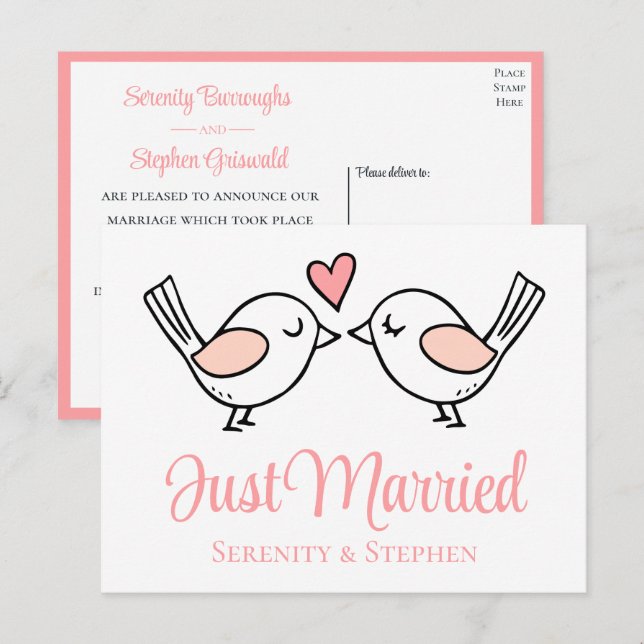 Postal De Anuncios Lovebird Pink Amor Pájaros Casados Recién Casados  (Anverso / Reverso)