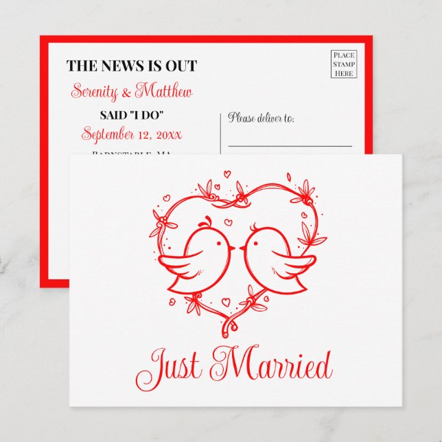 Postal De Anuncios Lovebirds Boho Red Love Heart Just Married Wedding (Anverso / Reverso)