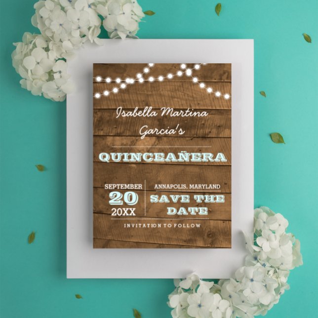 Postal De Anuncios Luces de Barnwood Aqua Quinceañera Salven la fecha (Subido por el creador)