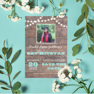 Postal De Anuncios Luces de Barnwood Verde azulada Bat Mitzvah Photo 