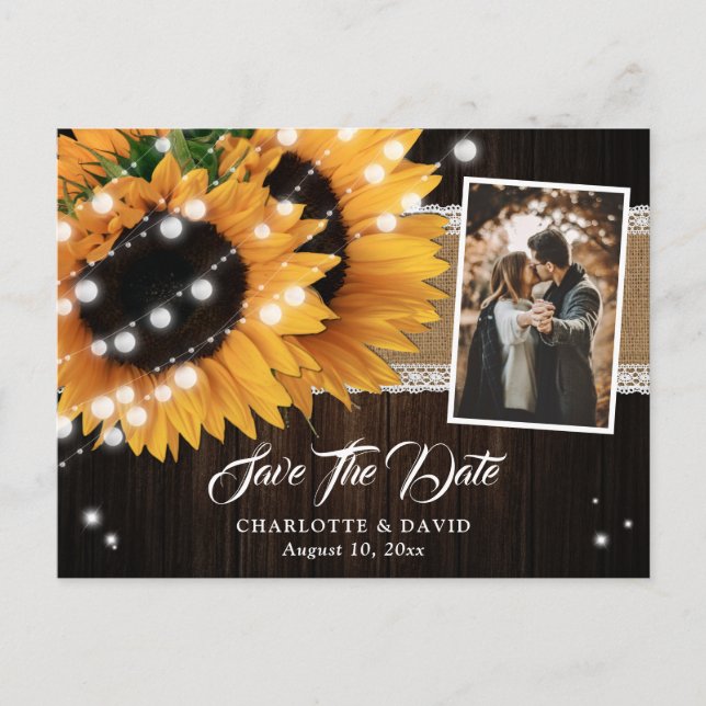 Postal De Anuncios Luces de Cadena de Girasoles Burlap Madera Fotogra (Anverso)