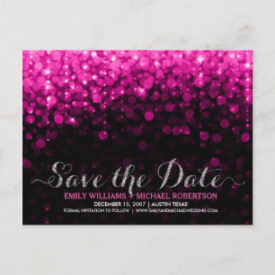 Postal De Anuncios Luces de cadena elegantes rosa bokeh save the date