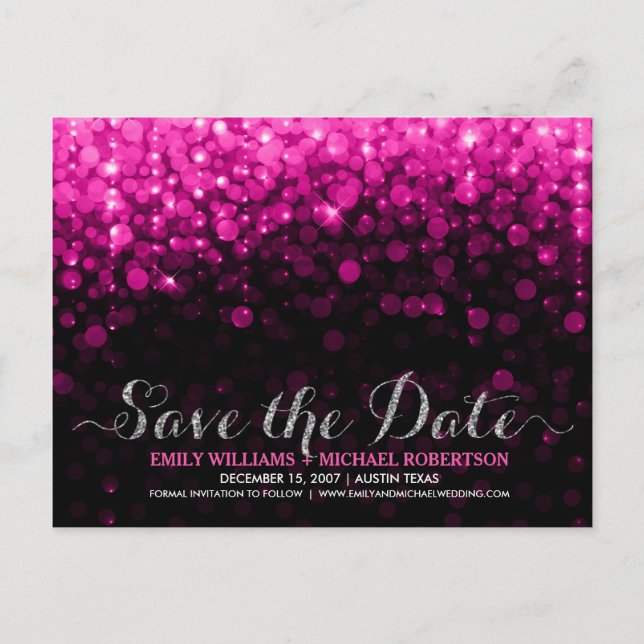 Postal De Anuncios Luces de cadena elegantes rosa bokeh save the date (Anverso)