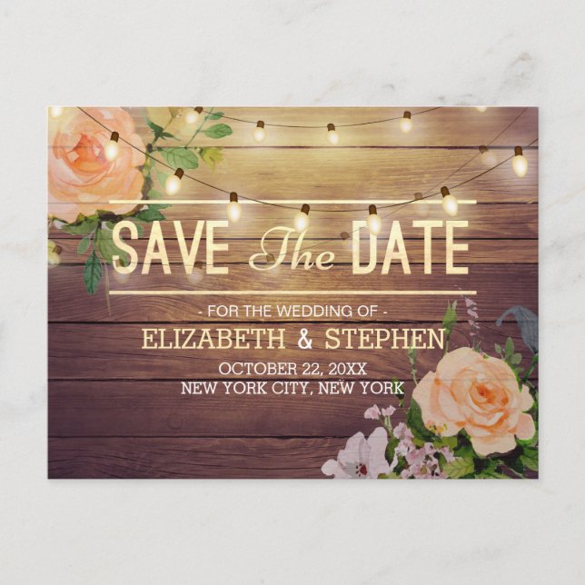 Postal De Anuncios Luces de Cadena Florales de Madera Rústica Ahorra  (Anverso)