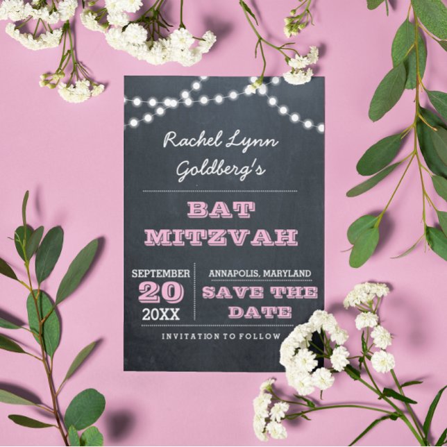 Postal De Anuncios Luces de Chalkboard Bat Pink Bat Mitzvah Salven la (Subido por el creador)