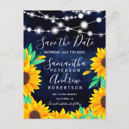 Postal De Anuncios Luces de cuerda azules rústicas y girasoles para g