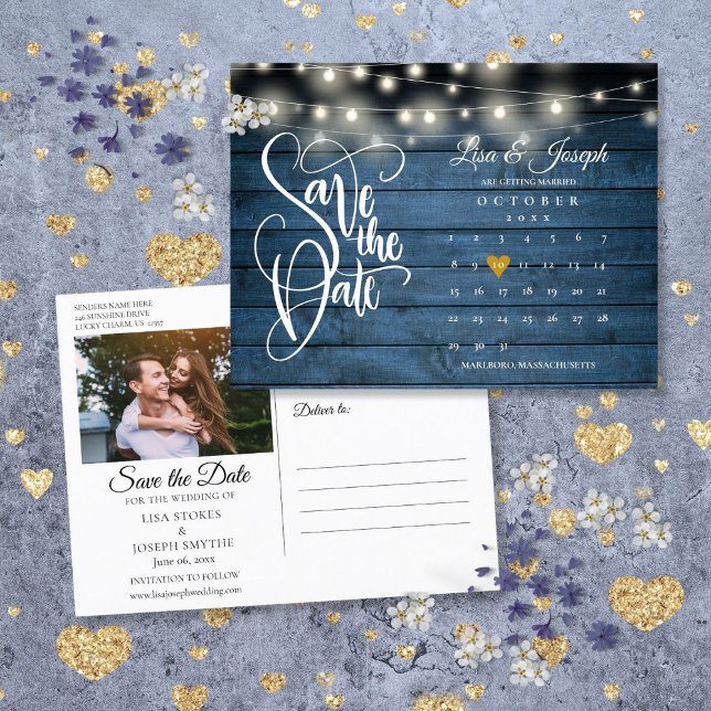 Postal De Anuncios Luces de Cuerda Azules Salvan la Fecha del Calenda (Blue String Lights Save the Date Calendar Photo Announcement Postcard)
