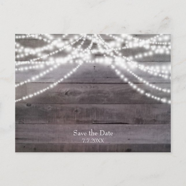 Postal De Anuncios Luces de cuerda blancas y madera rústica para guar (Anverso)
