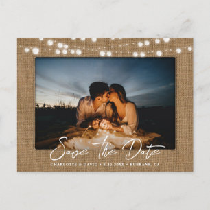 Postal De Anuncios Luces de Cuerda de Arpillera Boda Foto Guardar la 