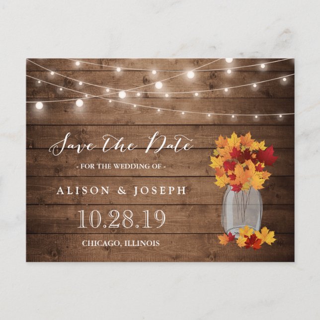 Postal De Anuncios Luces de Cuerda de Hojas de Otoño Rústicas Guardar (Anverso)