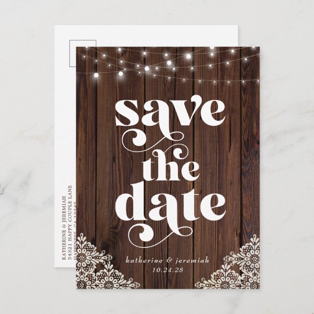Postal De Anuncios Luces de cuerda de madera Boda de encaje Guardar l (Anverso / Reverso)