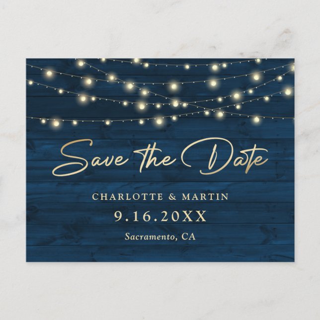 Postal De Anuncios Luces de Cuerda de Madera Rústica Azul Marino Save (Anverso)