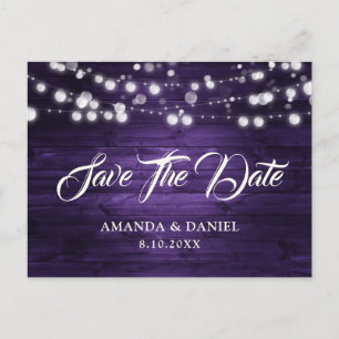 Postal De Anuncios Luces de Cuerda de Madera Rústica Morada para Boda