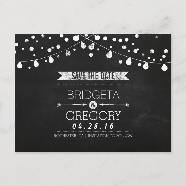 Postal De Anuncios Luces de Cuerda de Pizarra Rústico Guarde la Fecha (Anverso)