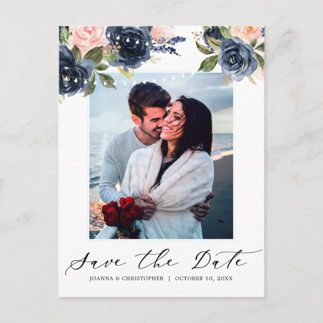 Postal De Anuncios Luces de cuerda de rosa rosa azul marino Foto (Anverso)