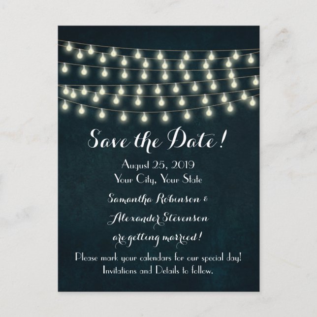 Postal De Anuncios Luces de Cuerda Rústicas Antiguas Boda Azul Marino (Anverso)