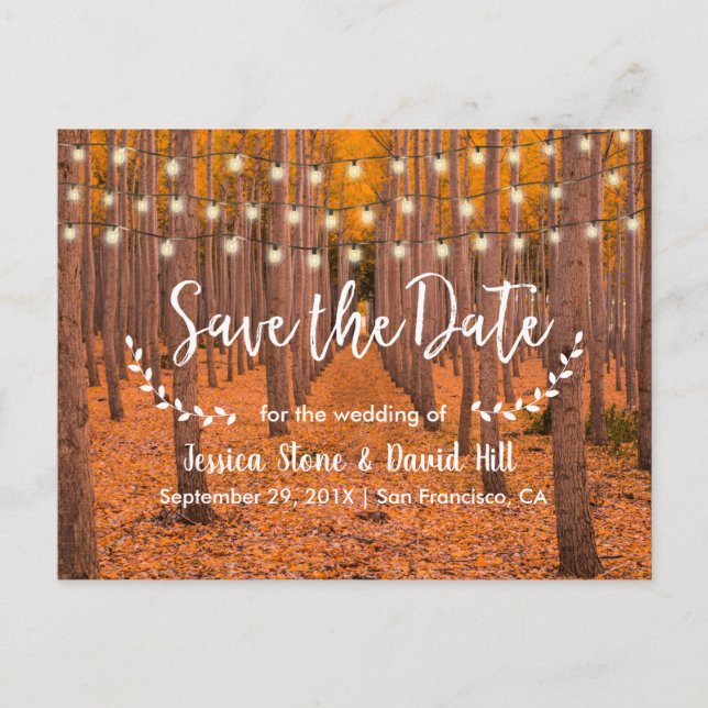 Postal De Anuncios Luces de Cuerda Rústicas Otoño Boda Salva la Fecha (Anverso)