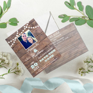 Postal De Anuncios Luces de madera Barnwood Boda Aqua Save the Date