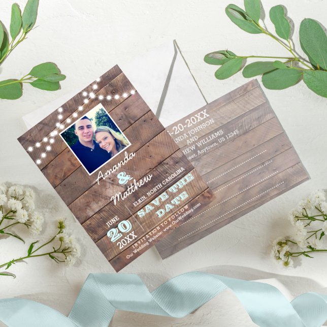 Postal De Anuncios Luces de madera Barnwood Boda Aqua Save the Date (Subido por el creador)