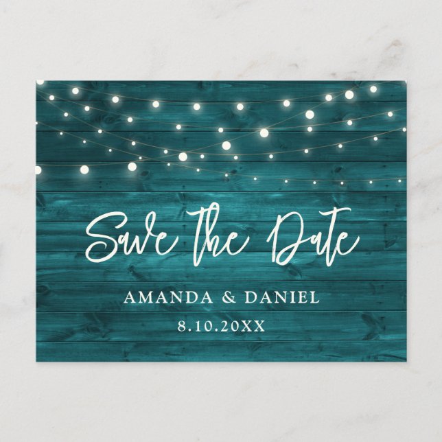 Postal De Anuncios Luces de madera rústica azul verdoso para boda Sav (Anverso)