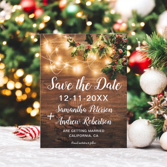 Postal De Anuncios Luces de Navidad rústicas muérdago guardar la fech (Rustic Christmas lights mistletoe save the date Announcement Postcard)