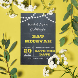 Postal De Anuncios Luces de Pizarra Bat Mitzvah Dorado Salva la Fecha
