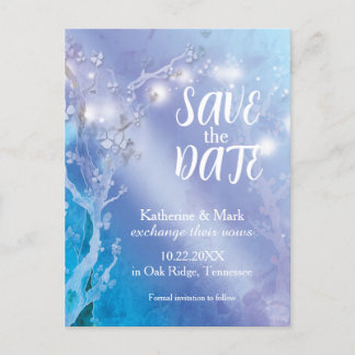 Postal De Anuncios Luces mágicas Boda blanca azul salva la fecha