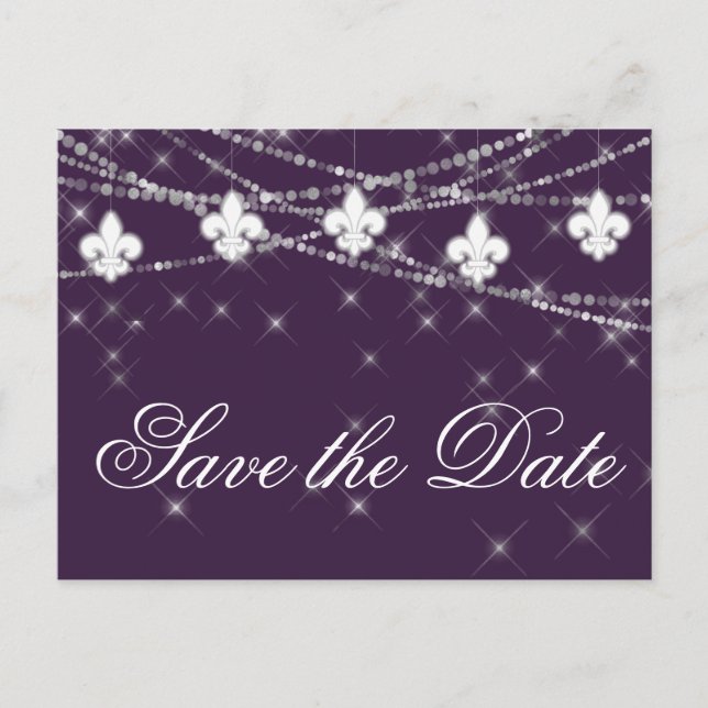 Postal De Anuncios Luces púrpura de la berenjena Fleur de Lis | Boda  (Anverso)
