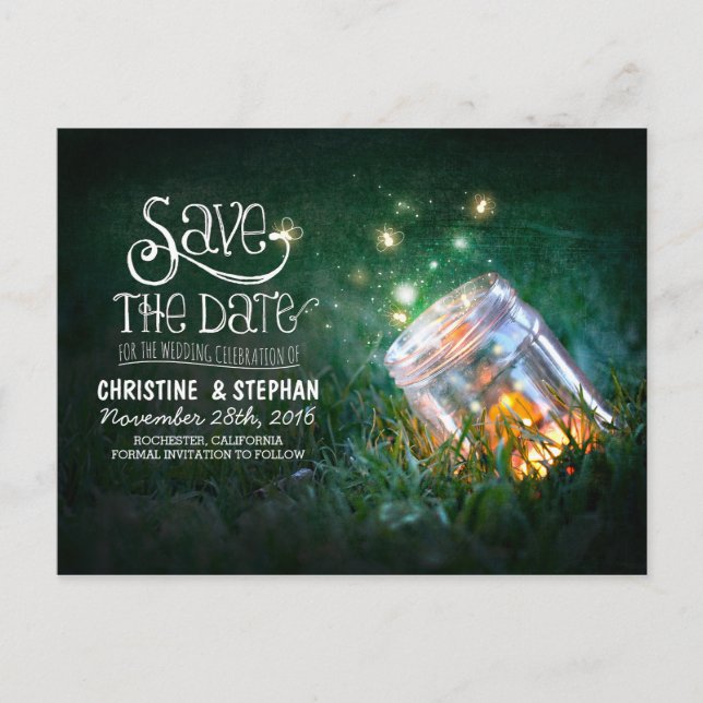 Postal De Anuncios luciérnagas mason jar rústico romántico salva la f (Anverso)