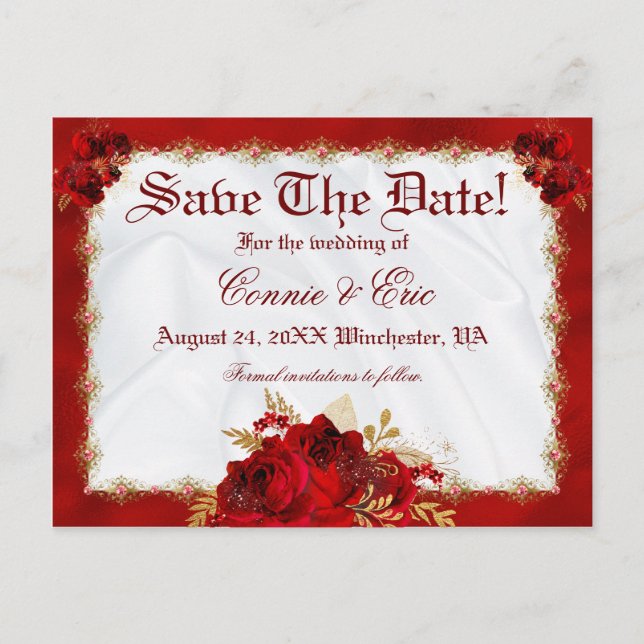 Postal De Anuncios Lujo Rosas Florales Rojas Doradas Boda Guardar La  (Anverso)