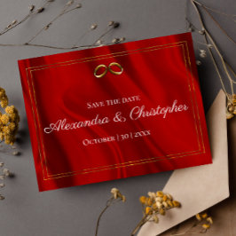 Postal De Anuncios Lujoso Ahorro de Fecha de Boda de Seda Roja y Oro