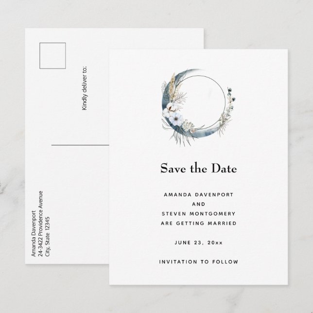 Postal De Anuncios Luna creciente azul con flores blancas (Anverso / Reverso)