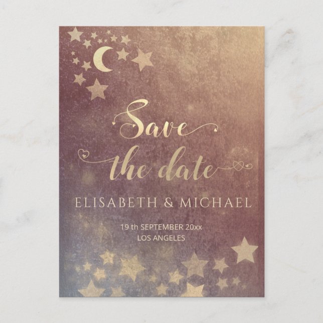 Postal De Anuncios Luna romántica celeste y estrellas caligrafía anno (Anverso)