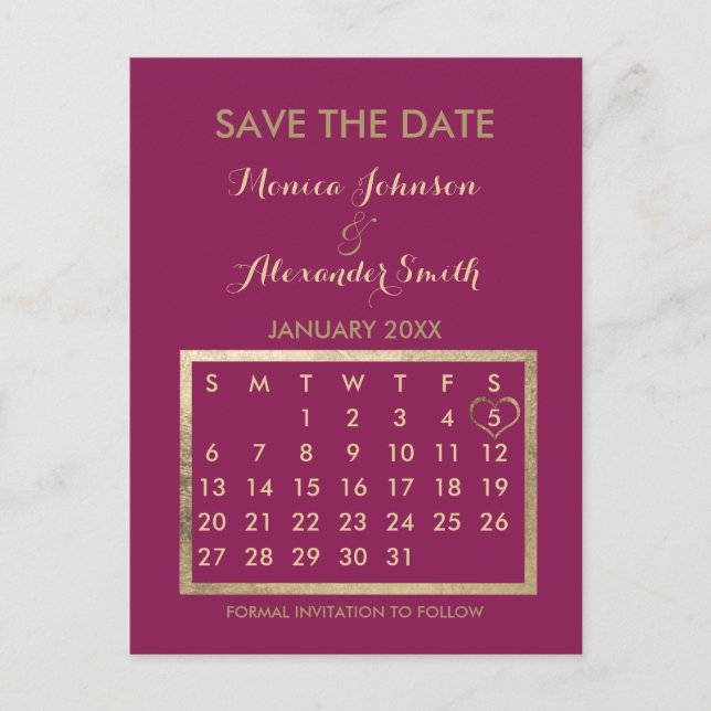 Postal De Anuncios Luxury Burgundy Gold Calendar Save the Date (Anverso)
