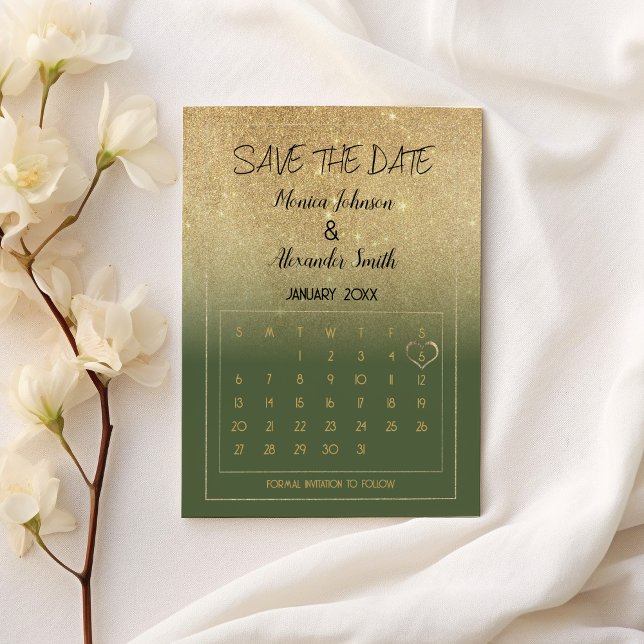 Postal De Anuncios Luxury Mint Gold Glitter Calendar Save the Date  (Luxury Mint Gold Glitter Calendar Save the Date Announcement Postcard)