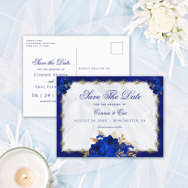 Postal De Anuncios Luxury Royal Blue Gold Floral Roses Wedding (Subido por el creador)