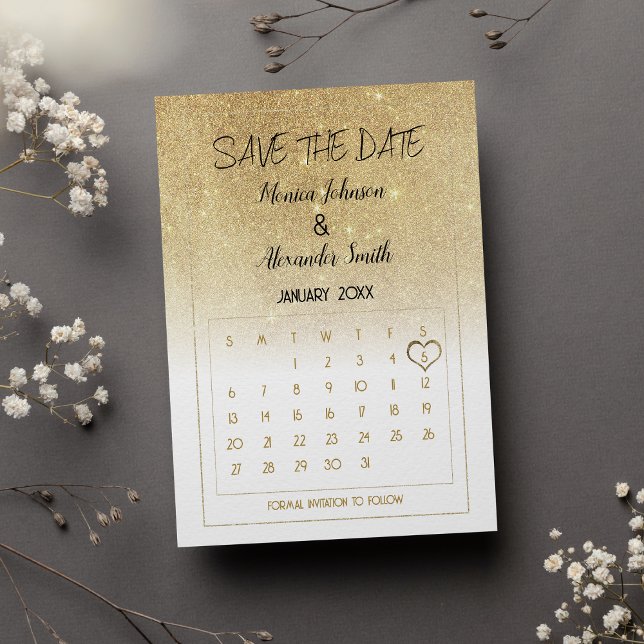 Postal De Anuncios Luxury White Gold Glitter Calendar Save the Date  (Luxury White Gold Glitter Calendar Save the Date Announcement )